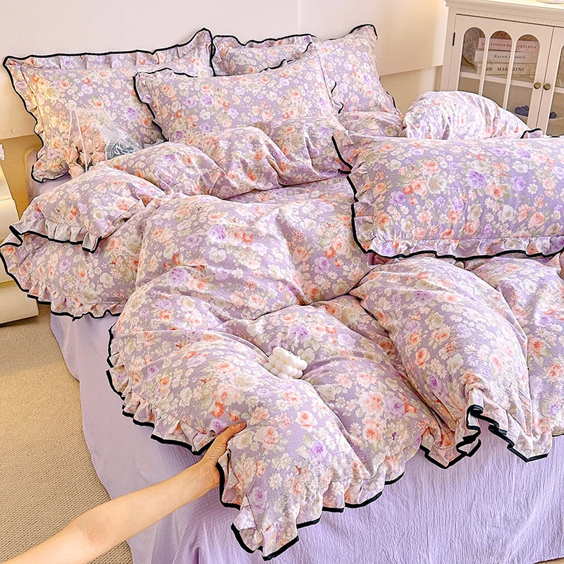 Heart Print Duvet Cover Set Princess Style Lace Ruffles Bedding Set