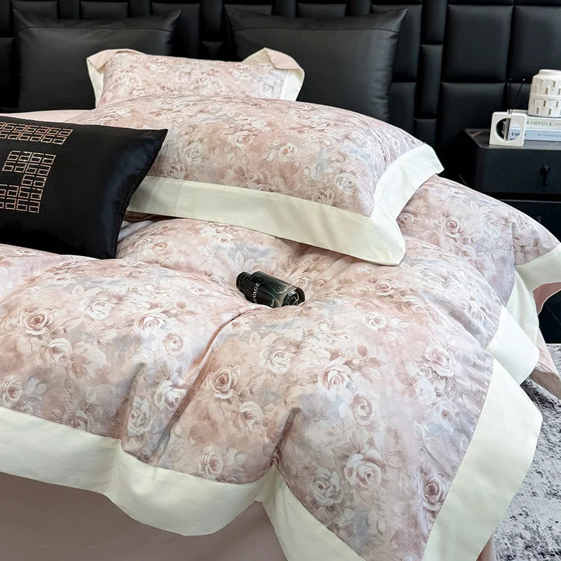Luxury 600TC Egyptian Cotton Floral Bedding Set, Elegant Flower Duvet Cover Set with Contrast Border, Bed Sheet Pillowcases 4Pcs