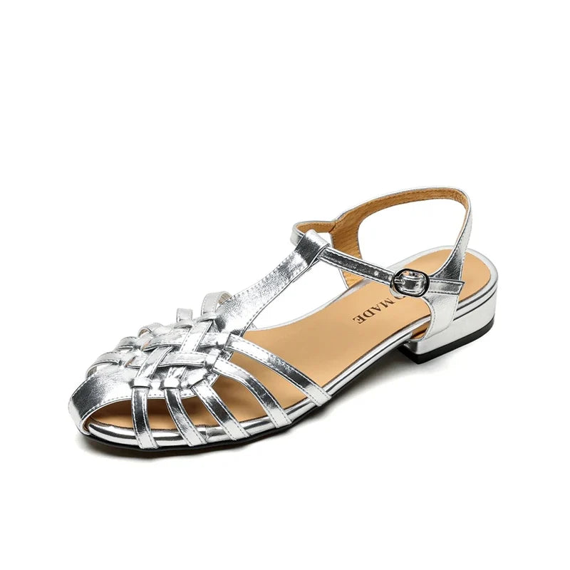 leather cowhide midsole hollow breathable elastic buckle retro toe Roman Shoes