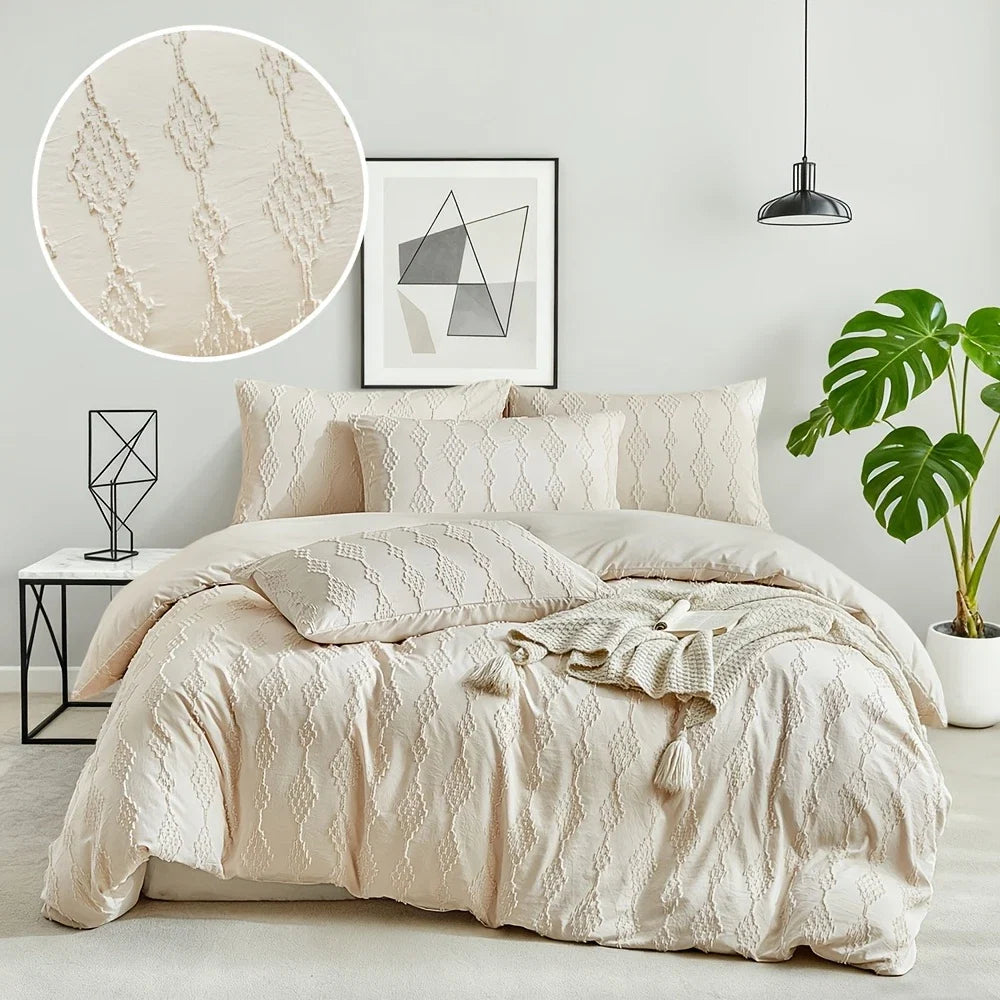 Tufted Boho Duvet Cover Set with Pillowcases Solid Color Soft Microfiber Bedding Set