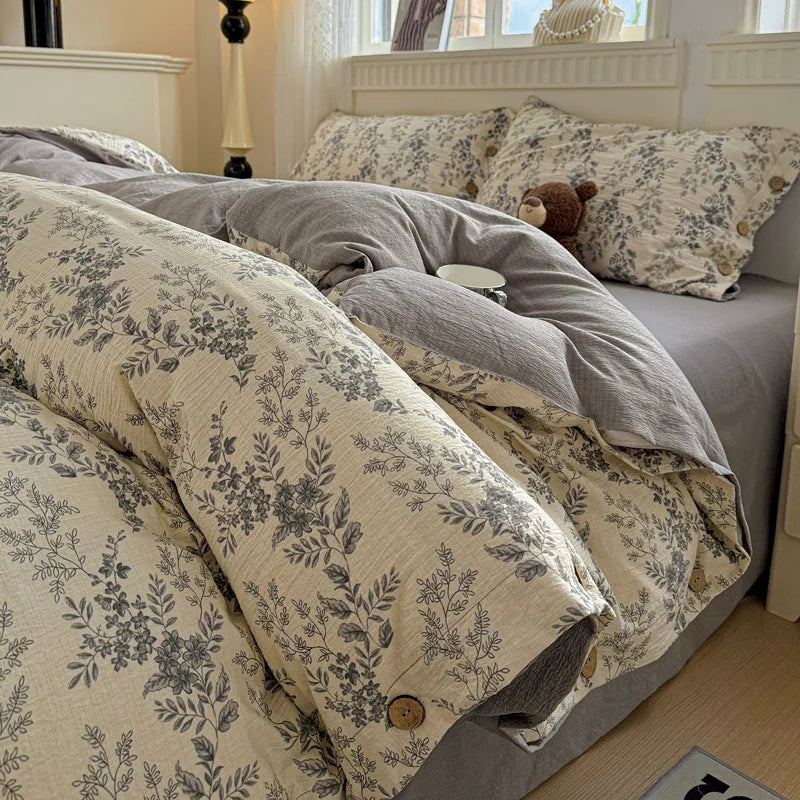 Korean Button Style Floral Print Bedding Set