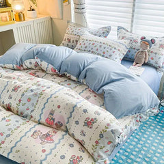 Kawaii Duvet Cover Set Cartoon Printed with Zipper Bed Sheet Pillowcases No Filler Twin Queen Size Adult Kids Bedding Linens