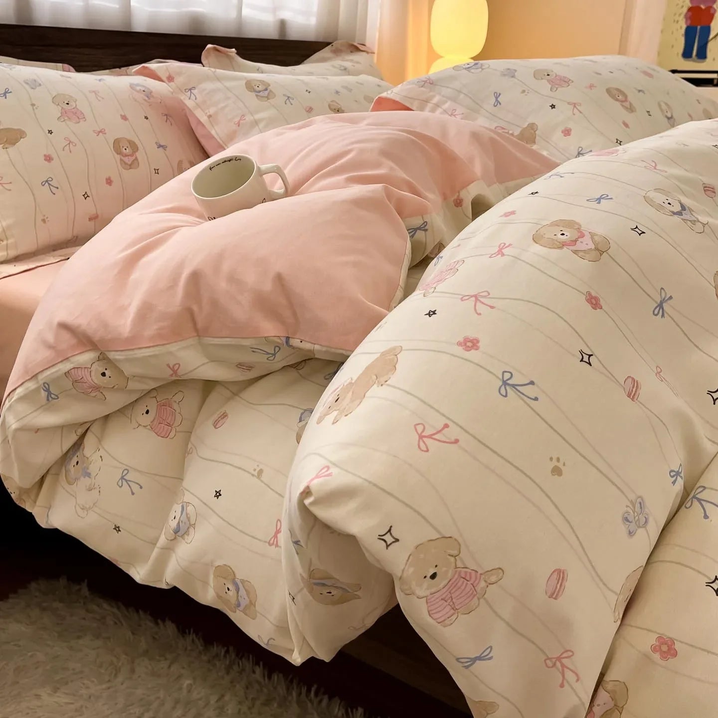 Thickened 4Pcs Bed Set Pure Cotton Long Staple Cotton Soft Bed Sheet Fitted Sheet Duvet Cover
