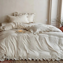 Flowers Embroidery Ruffles Luxury Bedding Set