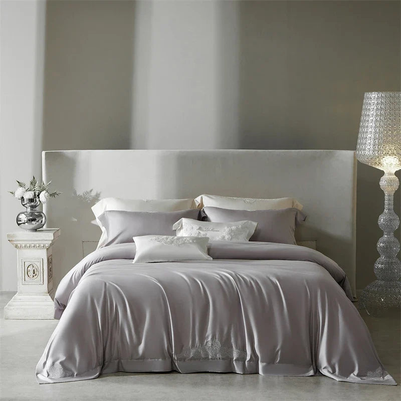 Luxury Lyocell Cotton Bedding Set, Champagne with Embroidery & Rhinestone Trim, Silky Soft Duvet Cover Bed Sheet Pillowcase 4Pcs