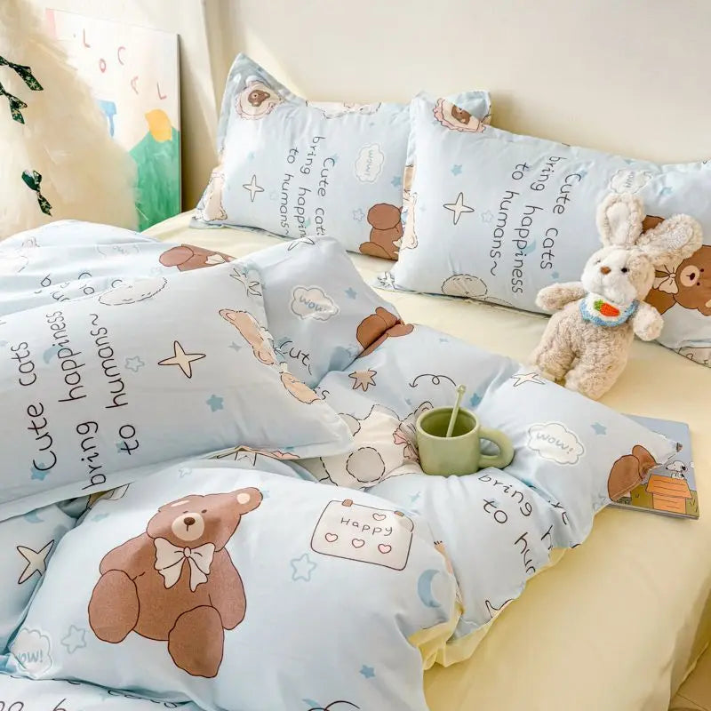 Ins Bear Duvet Cover Set with Zipper Fashion Girls Boys Kids Flat Bed Sheet Pillowcases No Filler Single Queen Size Bedding Set