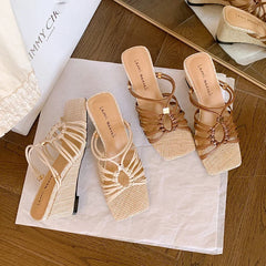 leather woven high Heels