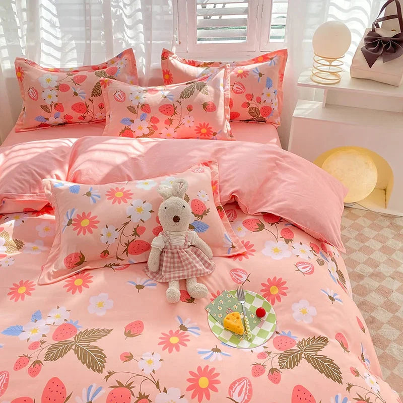 Ins Orange Checkerboard Duvet Cover Flat Sheet Pillowcases Twin Full Double Size Pink Blue Bedding Set