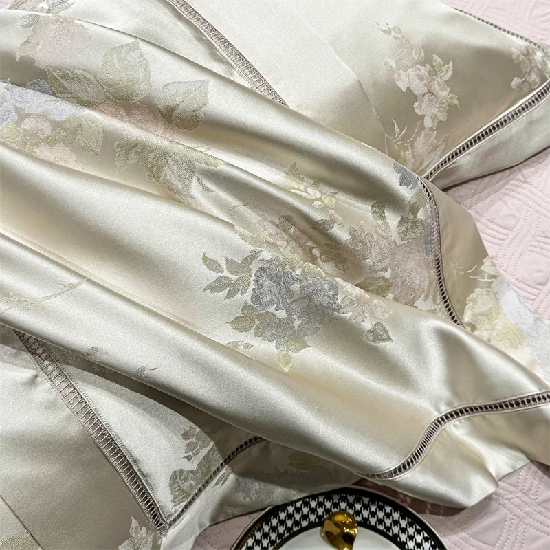 Premium 100S Egyptian Cotton Floral Jacquard Luxury Bedding Champagne Ultra Soft Duvet Cover Set Bed Sheet With Pillowcase 4Pcs