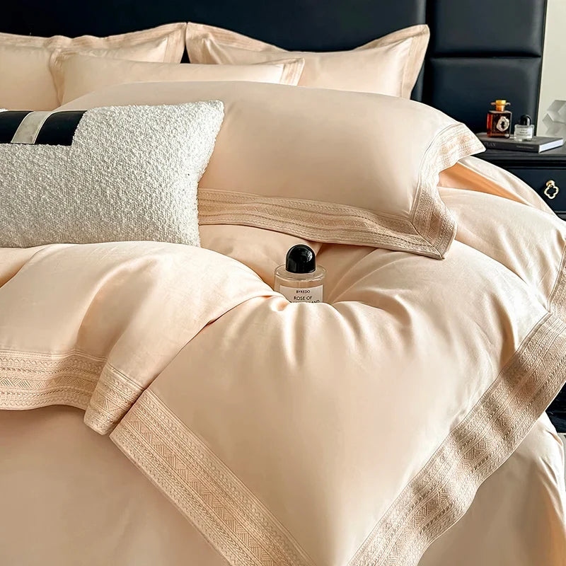 600TC Egyptian Cotton Embroidery Wide Edge Luxury Solid Color Bedding Set
