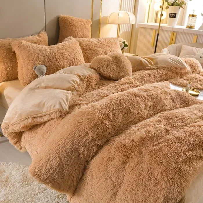 Solid Color Fluffy Long Plush Winter Bedding Set