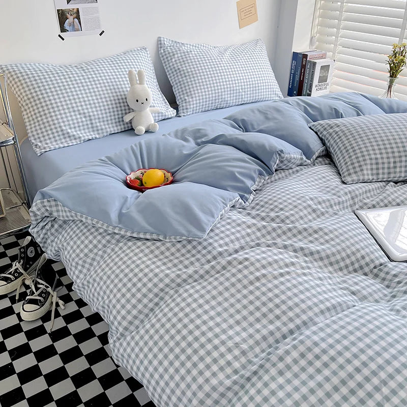 Brushed Japanese Muji-Style Plaid Striped Duvet Cover and 2 Pillowcases minimal queen twin size quilt cover 3pcs bedding sets