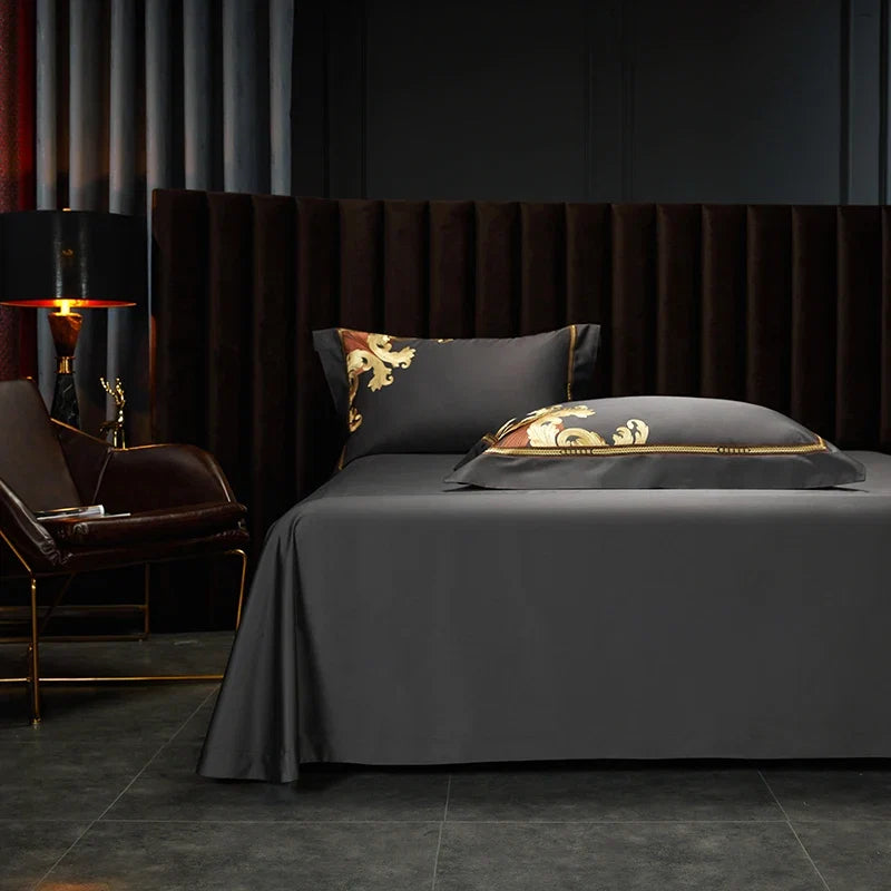 Grey European Luxury Gold Embroidery Bedding Set