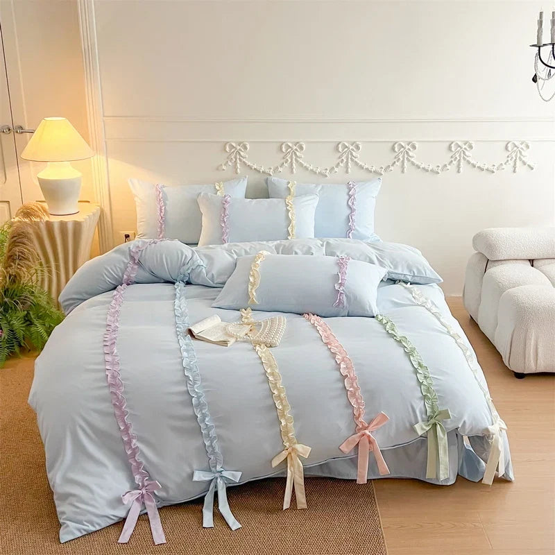 3/4Pcs Pink Ins-Style Princess Colorful Bow Bedding Set
