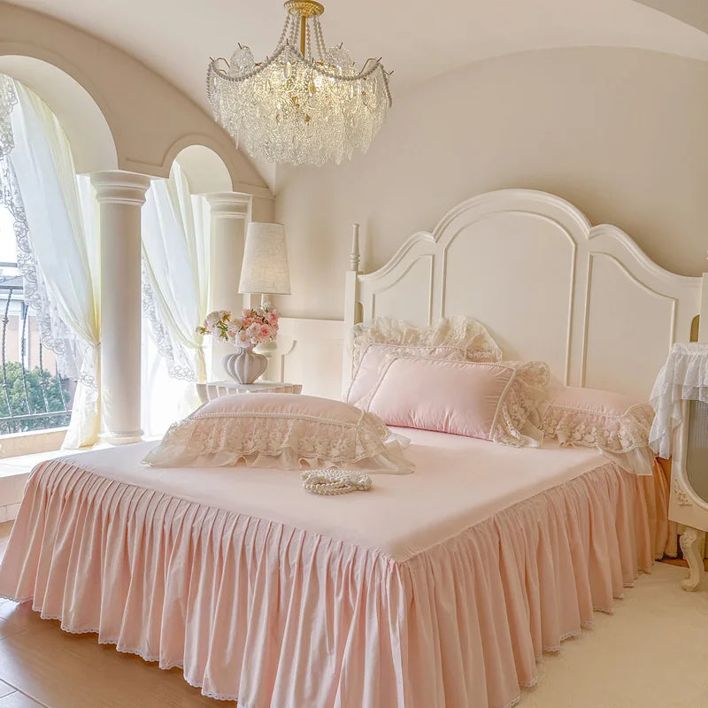 100% Cotton French Princess Bedding Set, Ruffle Bed Skirt Duvet Cover Set with Faux Pearl Lace Trim, Queen King Size Bed Linen