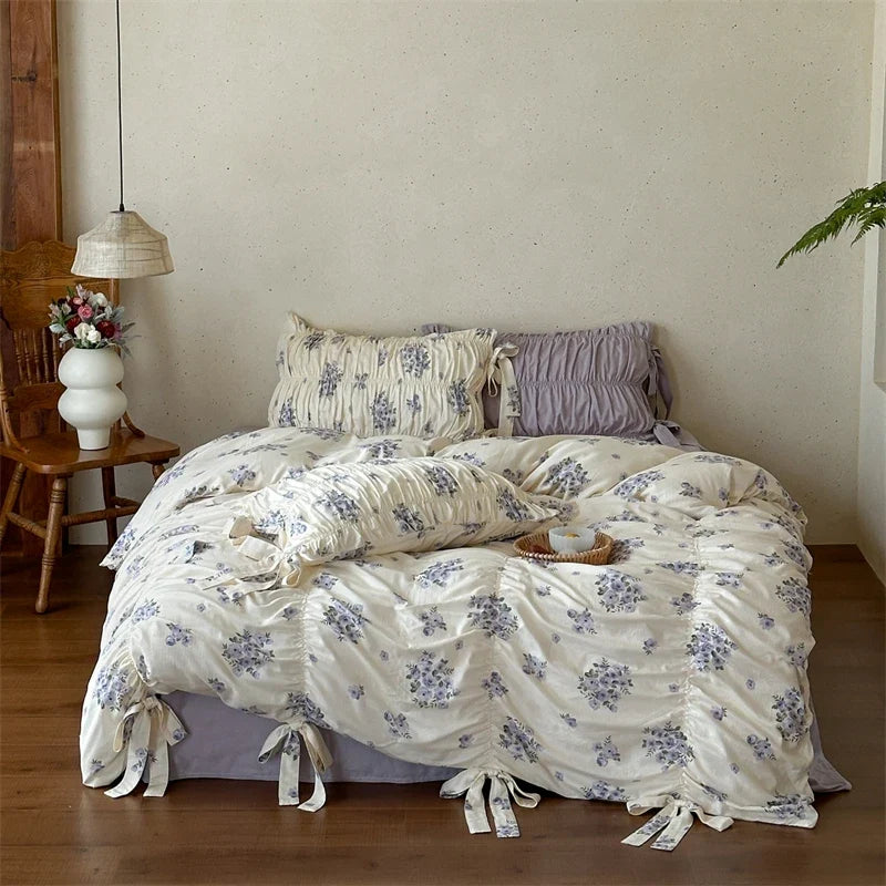 French Country Vintage Floral 100% Cotton Bedding Set, Ruched Bow Tie Duvet Cover, Shabby Chic Ruffle Bed Linen with Pillowcases