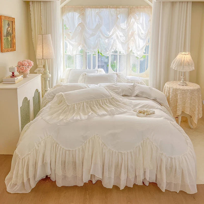 4/6Pcs Pink White Princess Wedding Bedding Sets