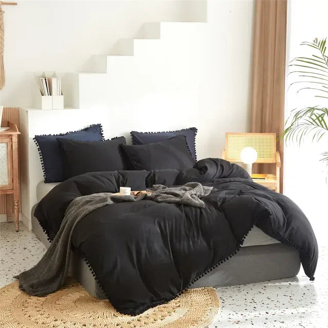 Twin Queen Size Solid Color Duvet Cover Set Pom Tassel Soft Microfiber Bedding Set