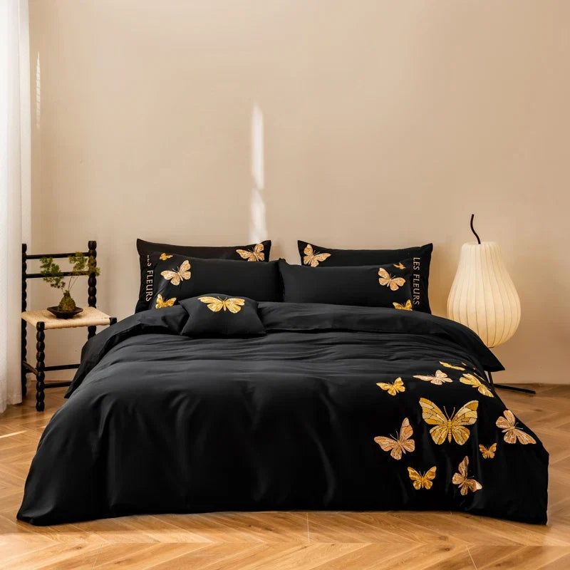 Butterfly Embroidery Luxury Black Bedding Set