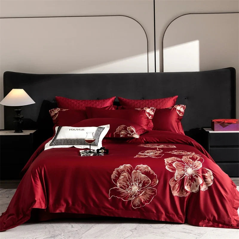 Pink Elegant Flowers Embroidery 100% Cotton Luxury Bedding Set