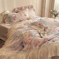 Vintage French Oil Painting Style Floral Print Chiffon Lace Bedding Set