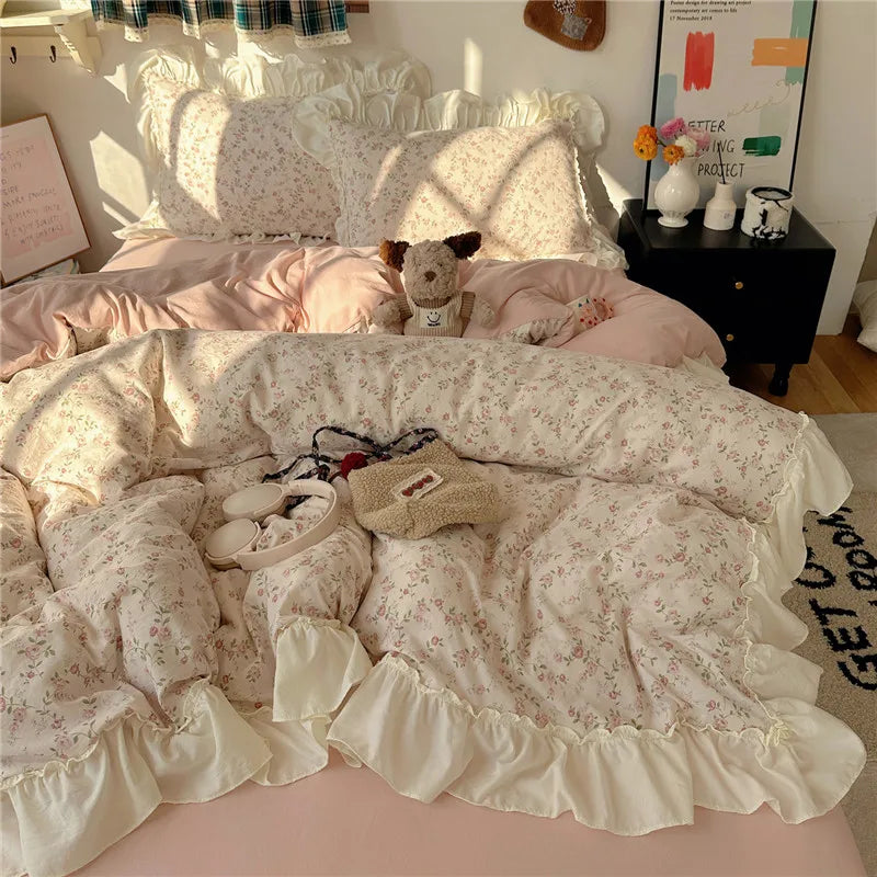 3/4Pcs Korean Princess Style Floral Ruffles Bedding Set