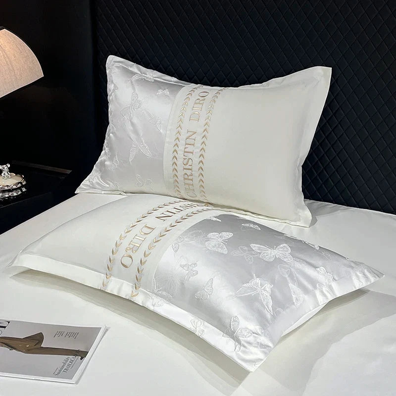 3/4Pcs White Luxury Egyptian Cotton Bedding Hotel Quality Washed Silk Cooling Queen Duvet Cover Summer Bedspreads Pillowcase