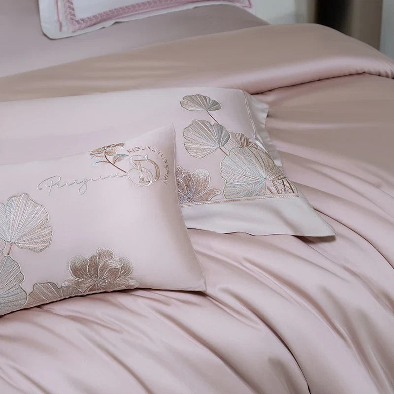 4Pcs Luxury Lotus Flowers Embroidery 1200TC Lyocell Cotton Soft Silky Bedding Set