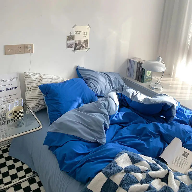 Solid Duvet Cover Set with Sheet Pillowcases Korean Comforter Cover Bed Linen Twin Full Queen Size Grid Home Bedding Set