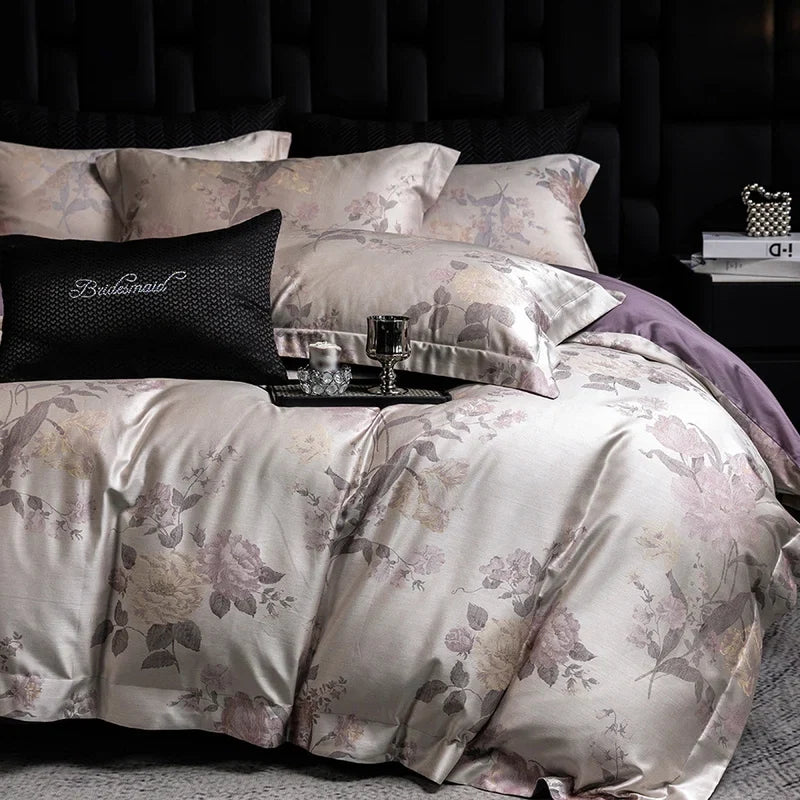 600TC Lyocell Cotton Flowers Jacquard Soft Silky Bedding Set