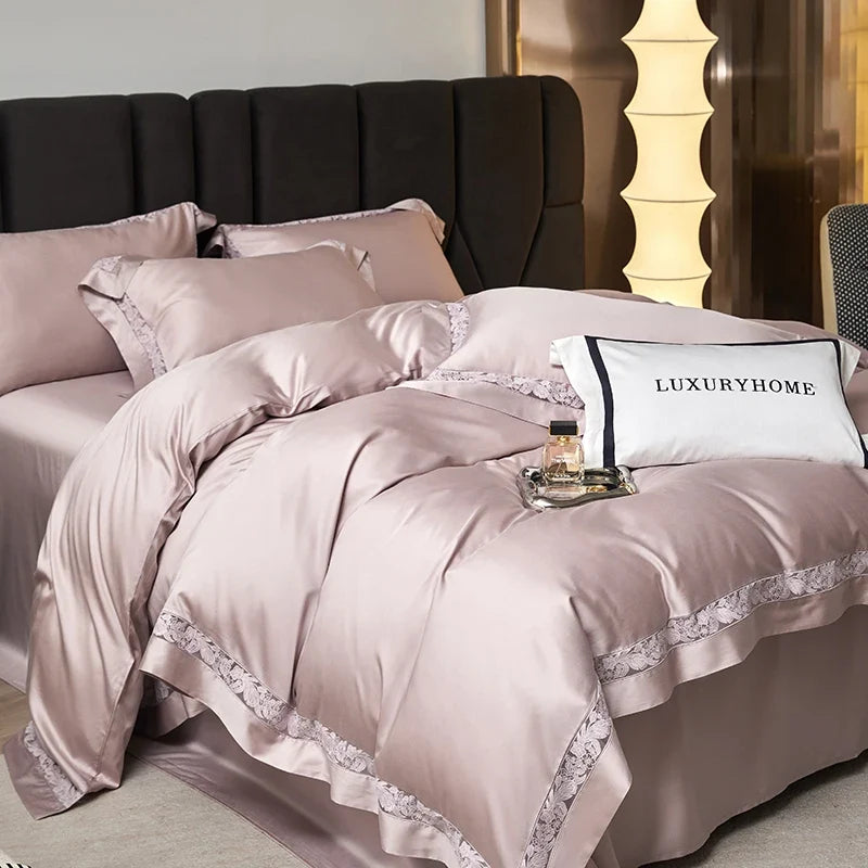 Premium 1000TC Lyocell Cotton Flowers Hollow Lace Wide Edge Embroidery Bedding Set