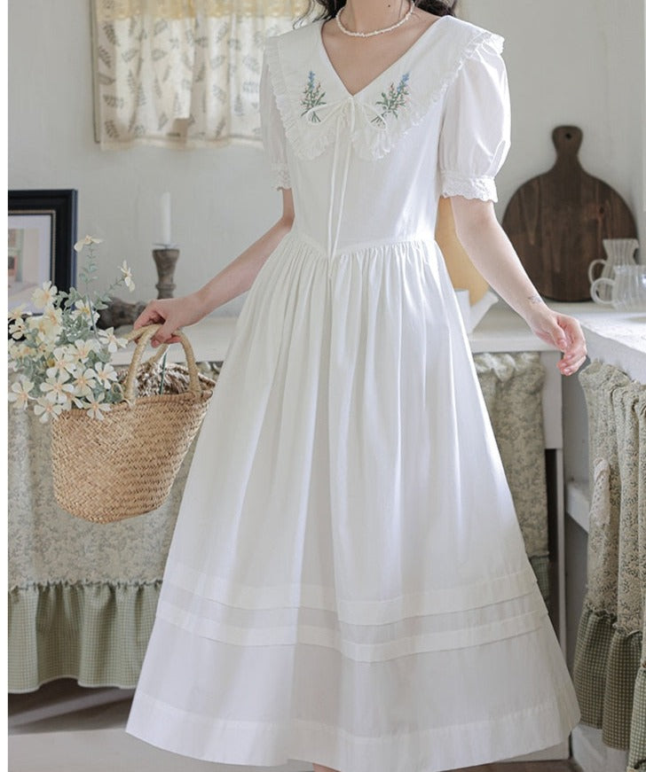 Heidi Flower Embroidered White Cottagecore Dress