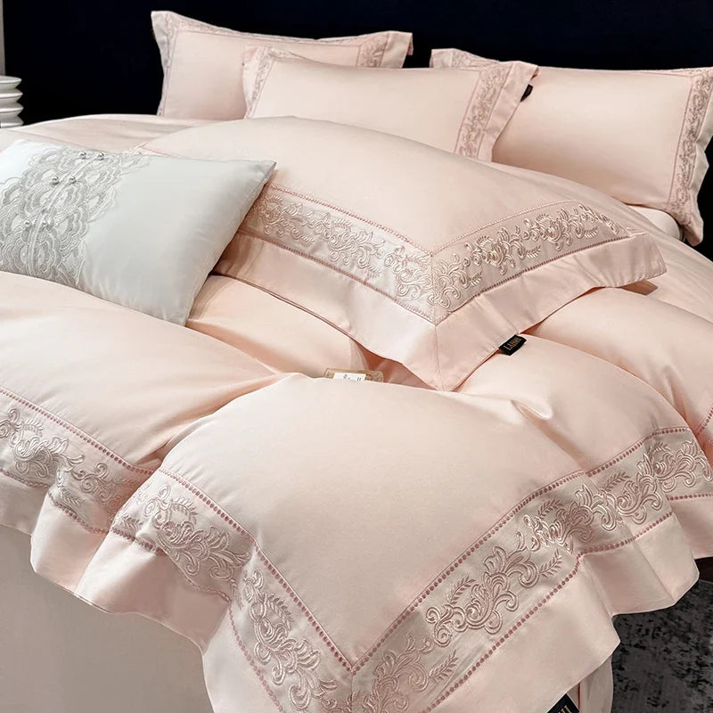 600TC Egyptian Cotton Bedding Set, Luxury Embroidery Duvet Cover with Pillowcases, Flat/Fitted Bed Sheet for Home Hotel, 4Pcs