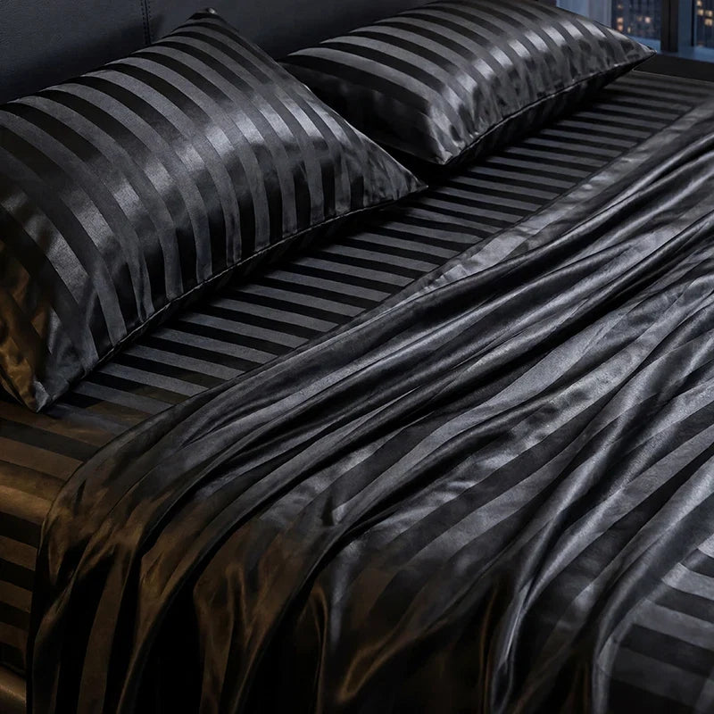 Luxury Black Satin Striped Duvet Cover Set, Silky Jacquard Vertical Stripe Bedding with Duvet Cover and Pillow Cases 2/3Pcs