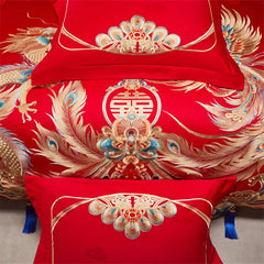 Chinese Style Wedding Gold Dragon Phoenix Embroidery 100S Egyptian Cotton Bedding Set