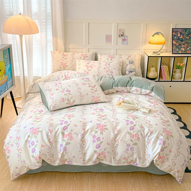 Heart Pattern 100% Cotton Duvet Cover Set with Flat Sheet or Fitted Sheet 3/4 Pcs Soft Breathable Queen King Size Bedding Set