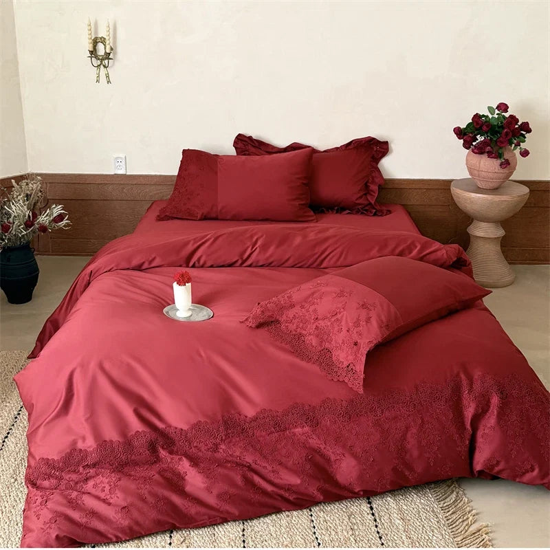 1000TC Egyptian Cotton Red Lace Embroidery Wedding Bedding Set