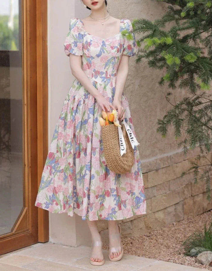 Dalila Floral Pearl Decorated Vintage-Inspired Dress