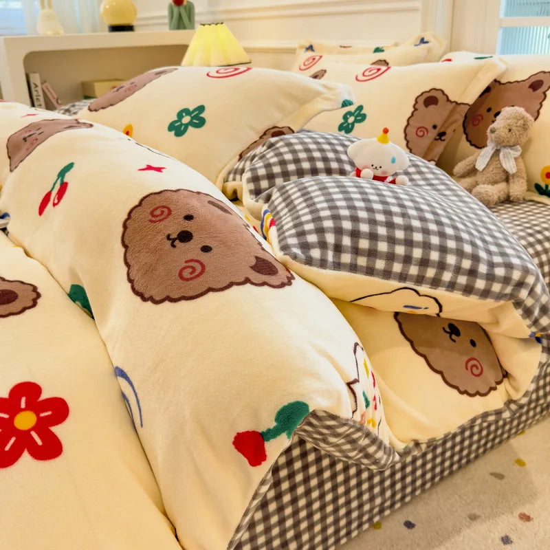 Cartoon Print Milk Velvet Duvet Cover Set Sheet Pillowcase Winter Plush Comforter Cover Set Home Textile Queen King Bedding Set