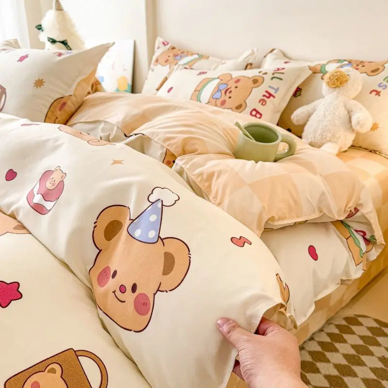 Ins Bear Duvet Cover Set with Zipper Fashion Girls Boys Kids Flat Bed Sheet Pillowcases No Filler Single Queen Size Bedding Set