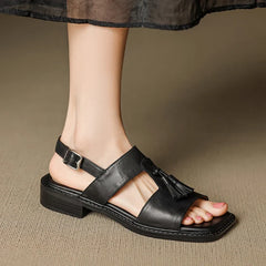 cowhide mid heeled tassel tightly fastened open toed fish mouth Shoes