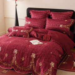 Luxury Gold Embroidery Wedding 4/5Pcs Bedding Set