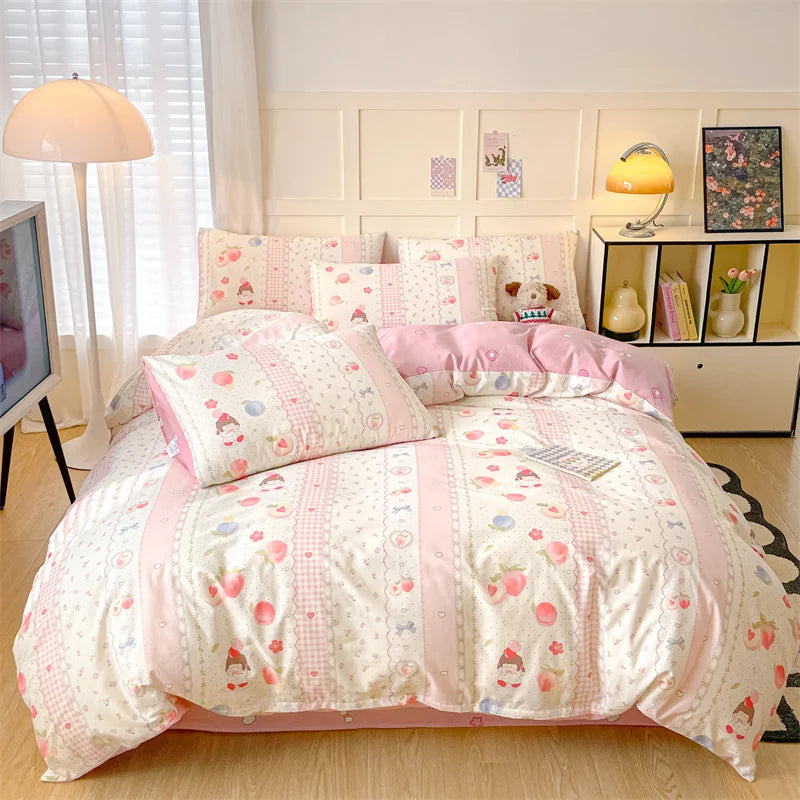 Heart Pattern 100% Cotton Duvet Cover Set with Flat Sheet or Fitted Sheet 3/4 Pcs Soft Breathable Queen King Size Bedding Set