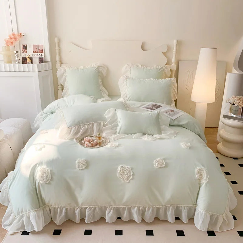 4Pcs French Princess Style Three-Dimensional Rose Flowers White Ruffle 2-Person Cotton Bed Linen Four-Season Pink Bedding Set