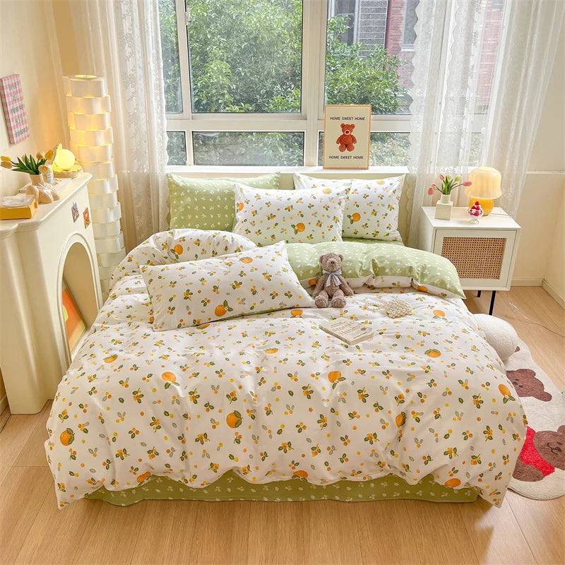 Spring 100% Cotton Duvet Cover Set Fashion Floral Printed Queen Bedding Set