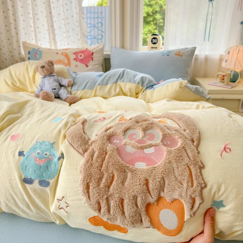 Cute Pink Cartoon Cat Bow Towel Embroidery Girls Kids Bedding Set