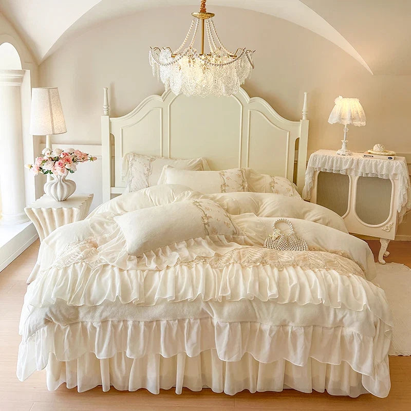 Lace Ruffles Embroidery Milk Velvet Winter Warm Thickened Princess Bedding Set