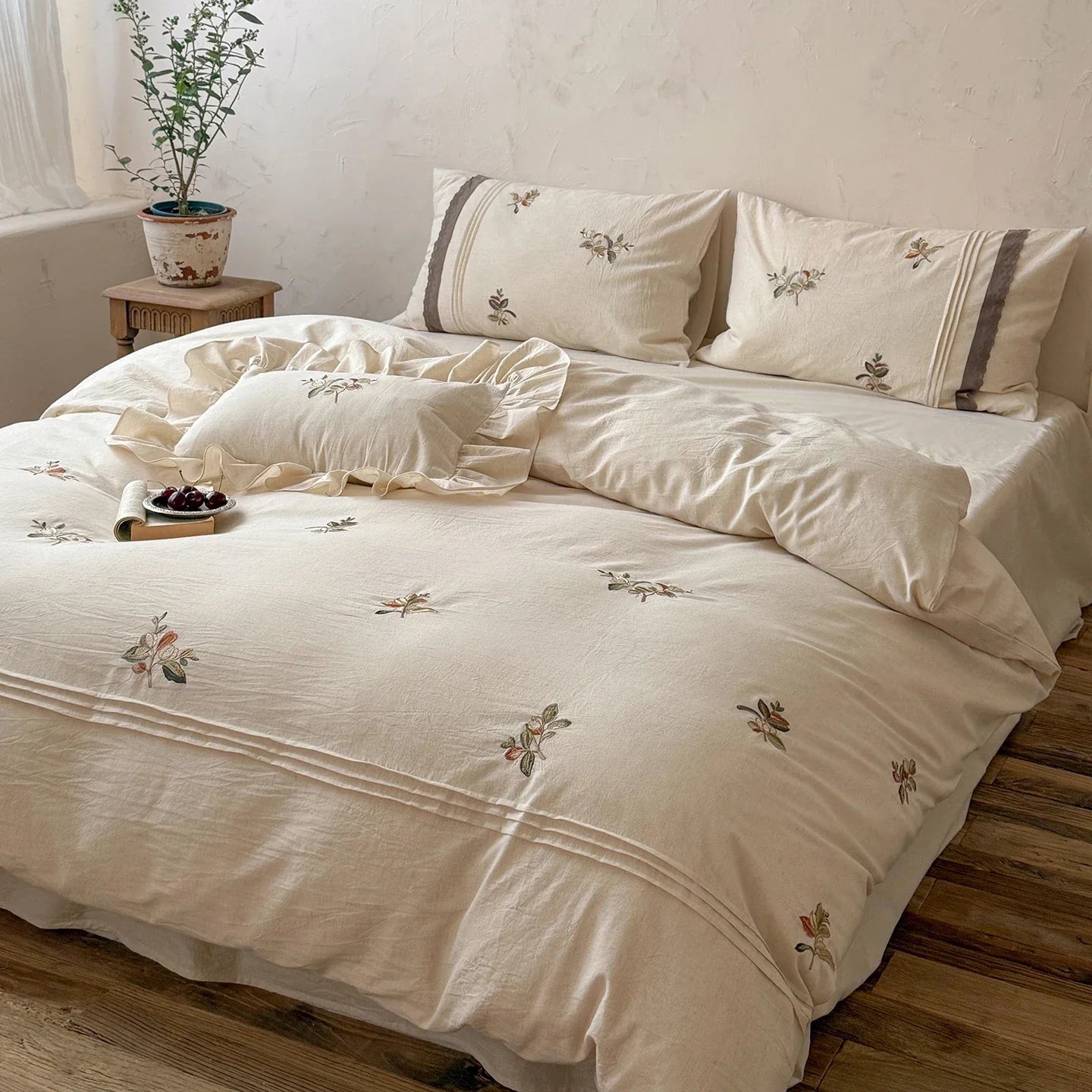 Natural Cotton Linen Flowers Embroidery Bedding Set