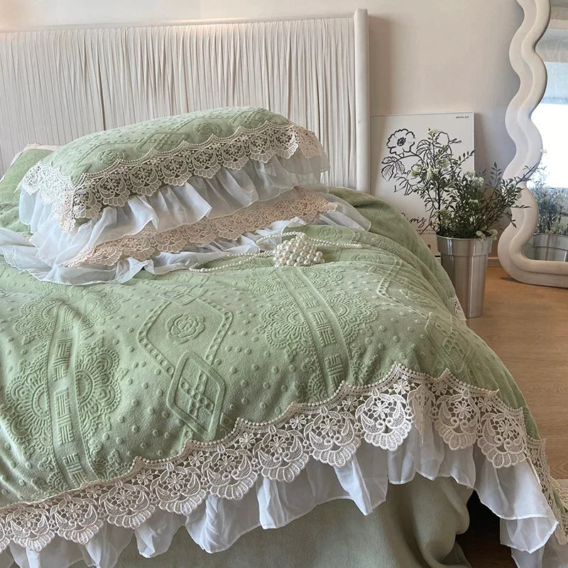 Pink Vintage French Lace Ruffles Carved Velvet Bedding Set