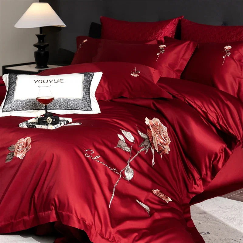 Luxury Rose Flowers Embroidery 100% Cotton Red Bedding Set